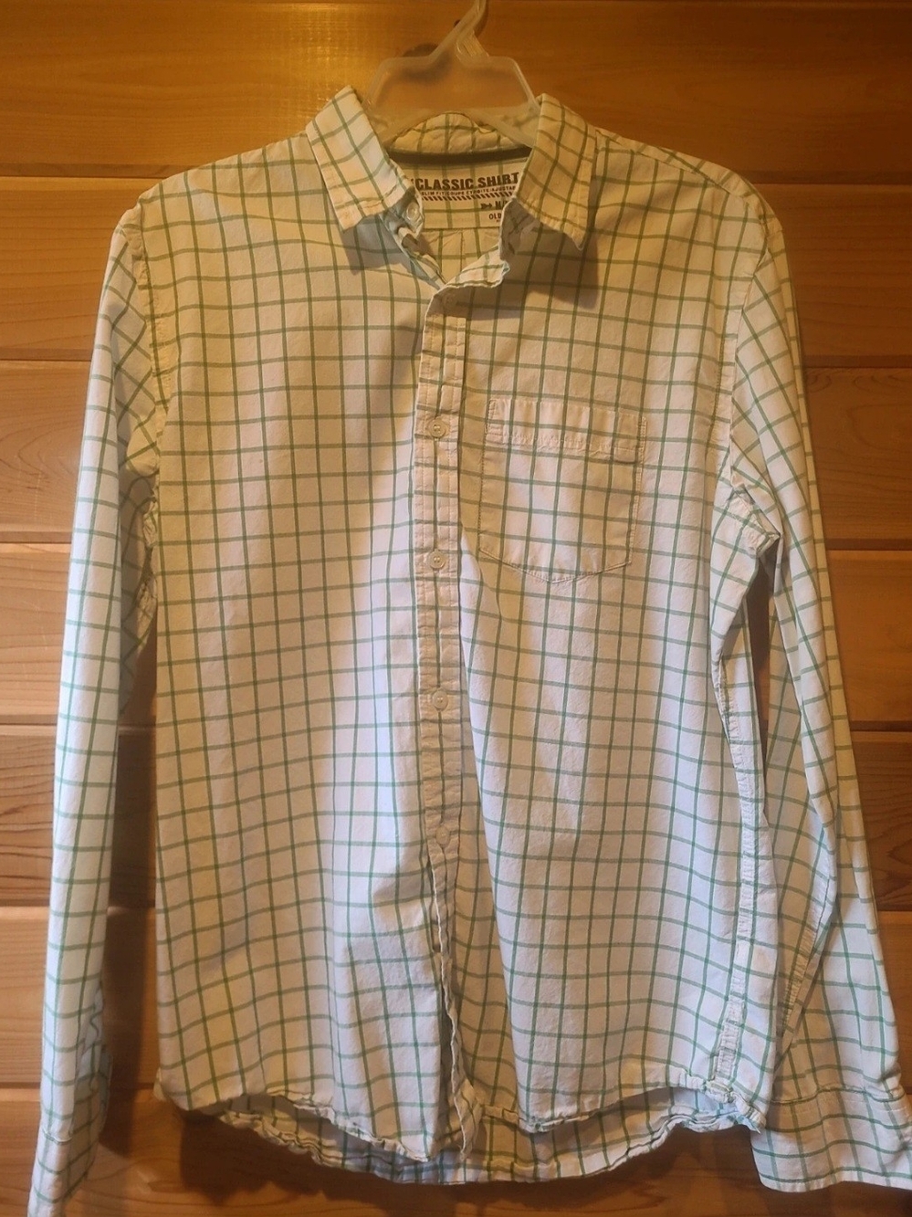 Old Navy White Button-Down Shirt with Green Windowpane Check